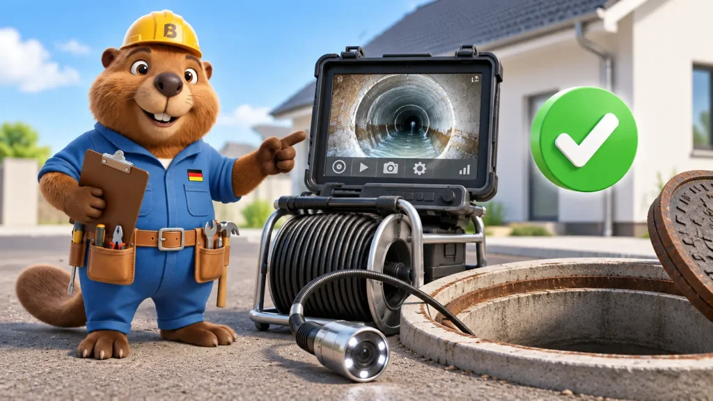 Bruno der Biber zeigt eine Kanalprüfung mit Kamera und überwacht die Abwasserleitung über einen Inspektionsmonitor.