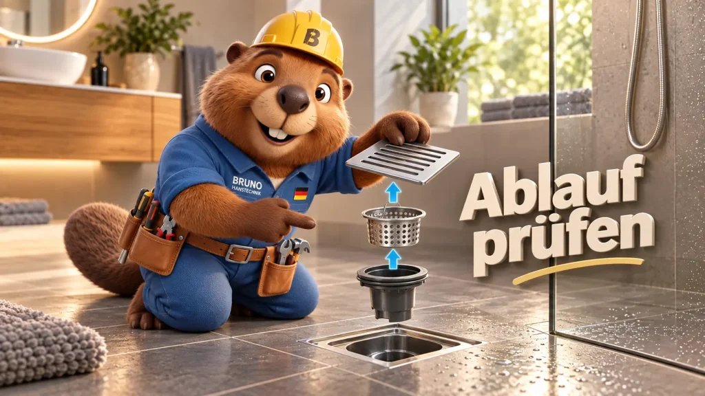 Bruno der Biber zeigt die herausnehmbaren Teile eines Duschablaufs und erklärt, welche Bauteile sich zur Reinigung entnehmen lassen.