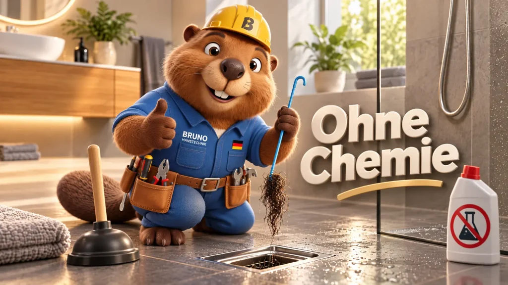 Bruno der Biber entfernt Haare mechanisch aus einem Duschabfluss und zeigt, warum bei einer Haarverstopfung oft keine Chemie nötig ist.