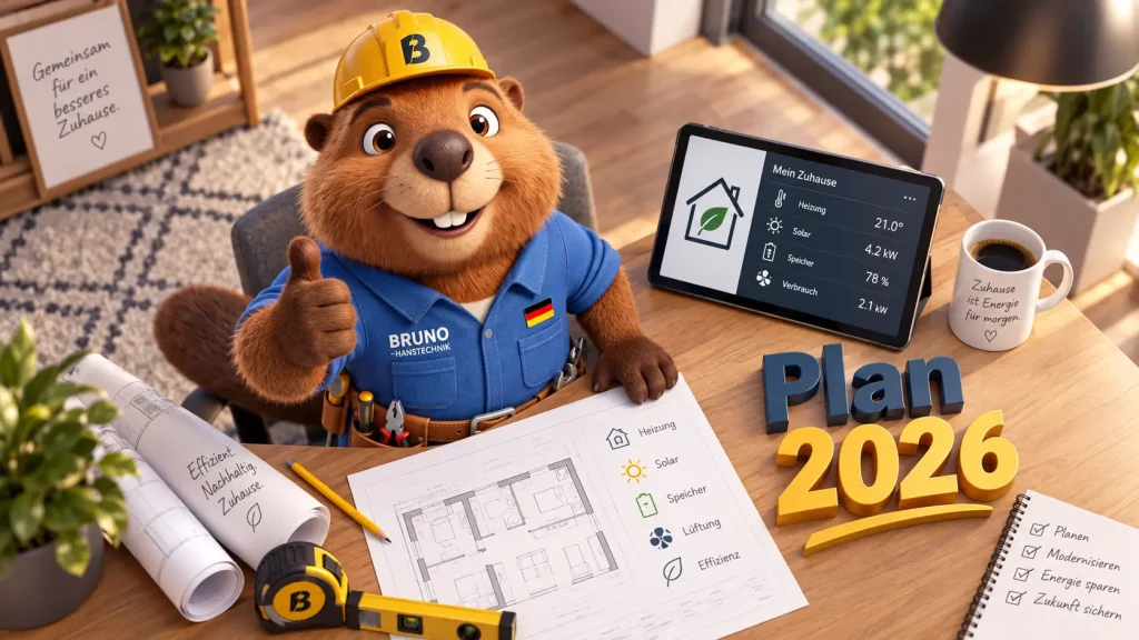 Bruno der Biber plant die Haustechnik mit Solarenergie, Speicher und Heizung an einem digitalen Smart-Home-Arbeitsplatz.