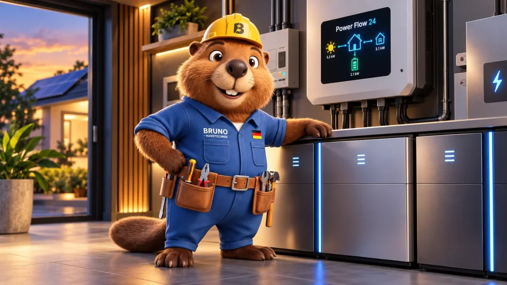 Bruno der Biber neben Wechselrichter und Stromspeicher in einem modernen Energie-Technikraum.