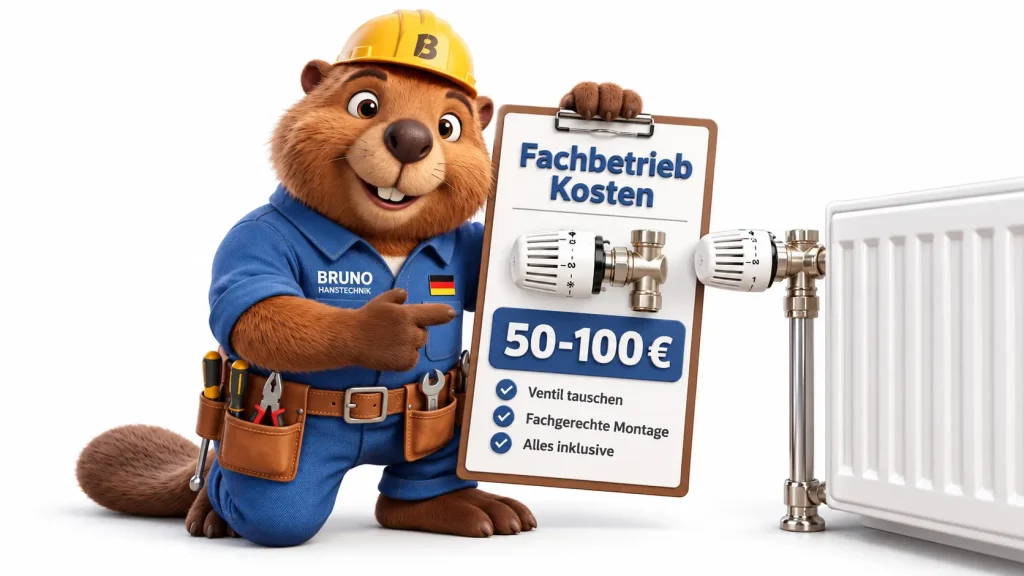 Bruno der Biber zeigt die Fachbetriebskosten für den Wechsel eines Heizungsventils am Heizkörper.