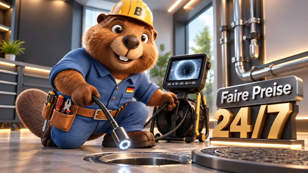 Bruno prüft einen Rohrzugang mit Kamera und zeigt das Inspektionsgerät.