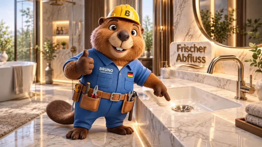 Bruno zeigt einen sauberen Abfluss in einem modernen Badezimmer.