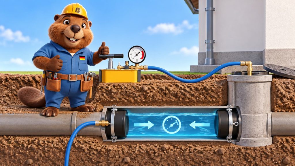 Bruno der Biber führt eine Dichtheitsprüfung einer Abwasserleitung mit Wasser und Druckmessgerät durch.