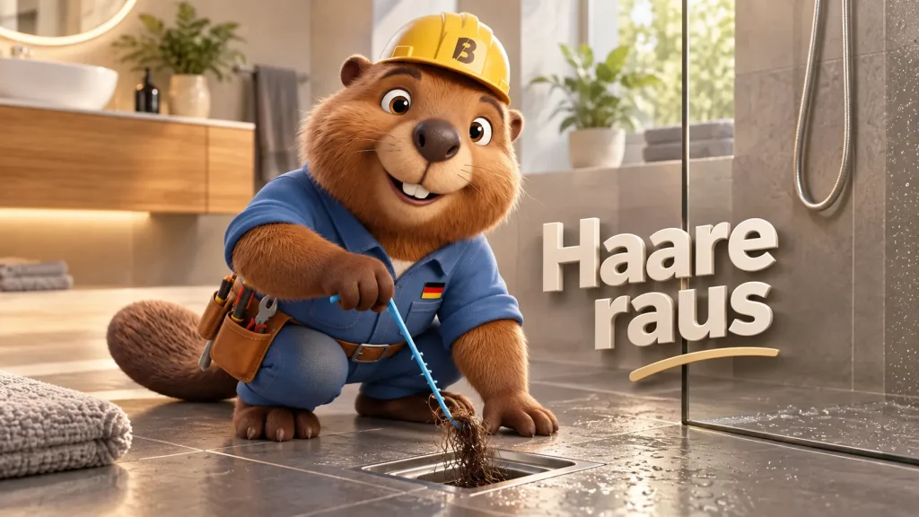 Bruno der Biber zieht einen Haarpfropf mit einem schmalen Haarhaken aus einem verstopften Duschabfluss.