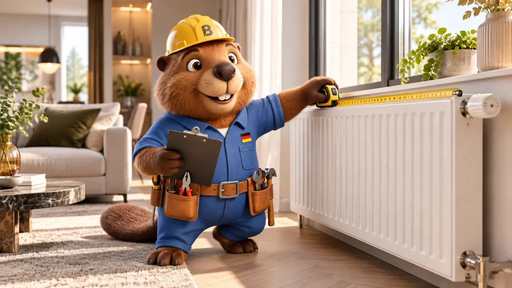 Bruno misst einen Heizkörper in einem modernen Wohnzimmer aus.