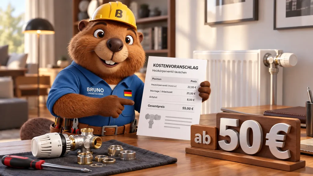 Bruno der Biber zeigt einen Kostenvoranschlag für den Austausch eines Heizkörperventils ab 50 Euro.