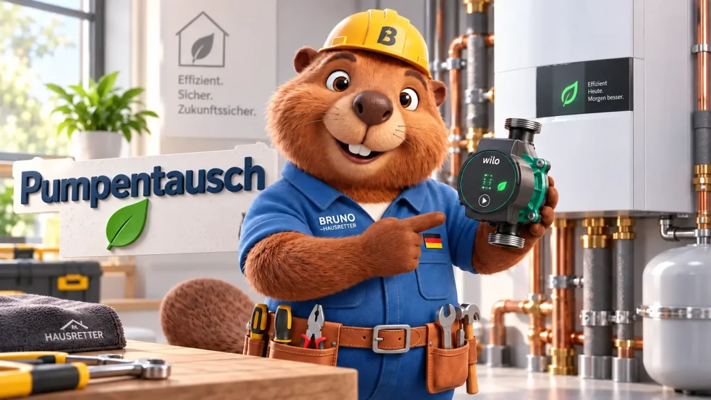 Bruno der Biber zeigt eine moderne Hocheffizienzpumpe beim Austausch der Heizungspumpe.