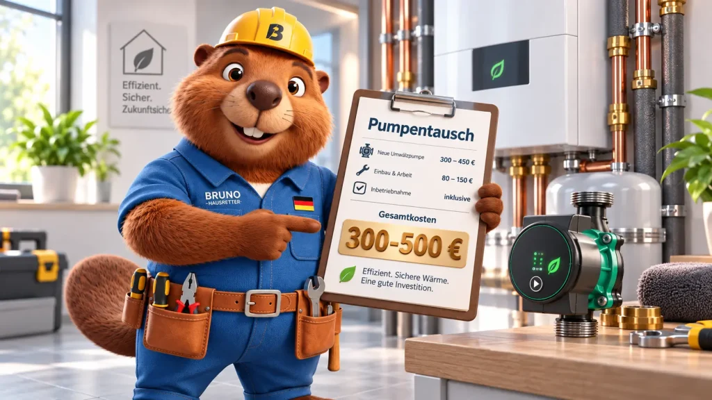 Bruno zeigt die typischen Kosten für den Austausch einer Heizungspumpe inklusive Montage.