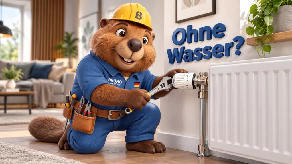 Bruno der Biber wechselt an einem Heizkörper das Heizungsventil, ohne Wasser aus der Anlage abzulassen.