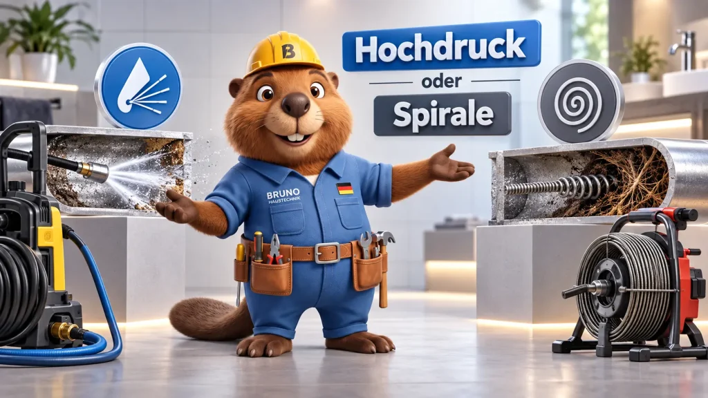 Bruno der Biber vergleicht Hochdruckspülung und Rohrreinigung mit Spirale bei unterschiedlichen Verstopfungen.