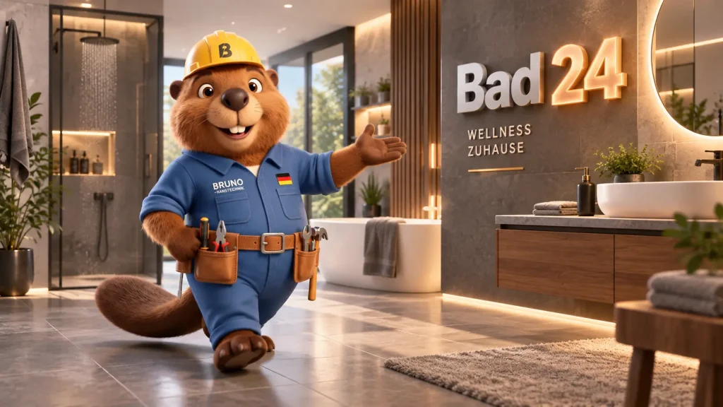 Bruno der Biber präsentiert ein luxuriöses Badezimmer mit moderner Ausstattung und hochwertigem Wellness-Ambiente.