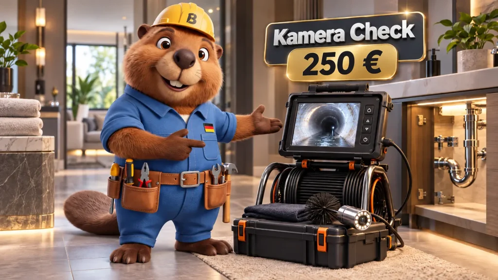 Bruno zeigt eine Rohrkamera mit Monitor bei einer Kamerabefahrung im Wohnhaus.