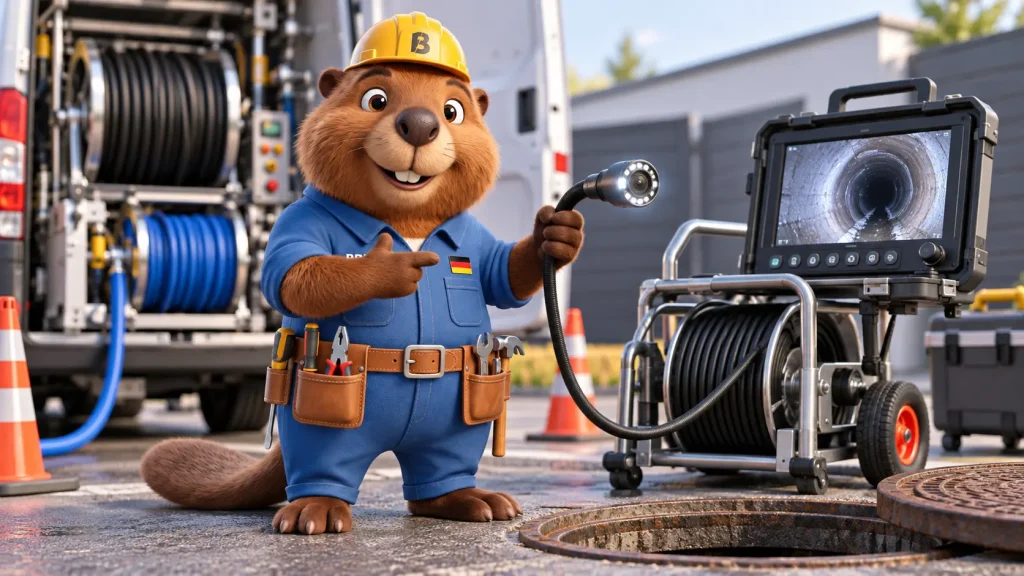 Bruno der Biber untersucht einen Abwasserkanal mit einer Kanalkamera und kontrolliert das Rohr auf einem Monitor.