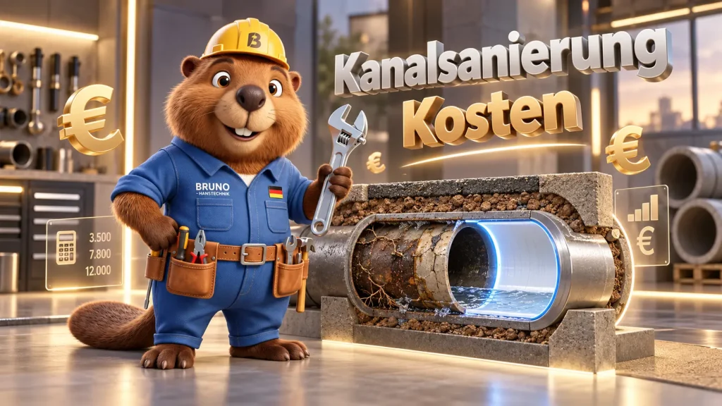 Bruno der Biber erklärt die Kosten einer Kanalsanierung anhand eines sanierten Abwasserrohrs und verschiedener Preisfaktoren.