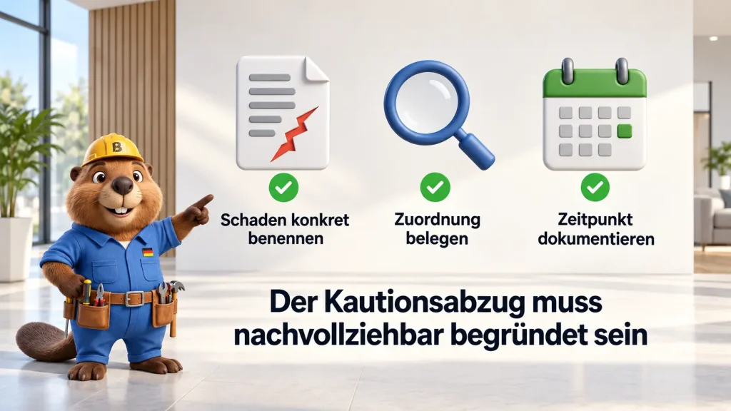 Infografik mit Biber Bruno zu den Voraussetzungen für einen Kautionsabzug: Schaden konkret benennen, Zuordnung belegen und Zeitpunkt dokumentieren.