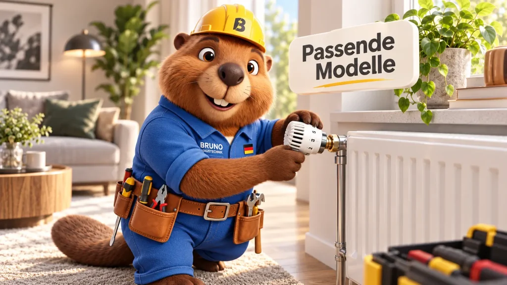 Bruno der Biber montiert einen Thermostatkopf am Heizkörper und zeigt passende Modelle für den Austausch.