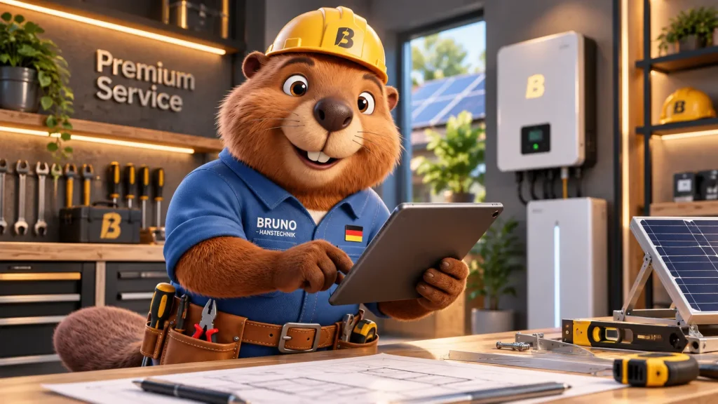 Bruno der Biber prüft Photovoltaik-Technik mit Tablet in einer modernen Premium-Werkstatt.