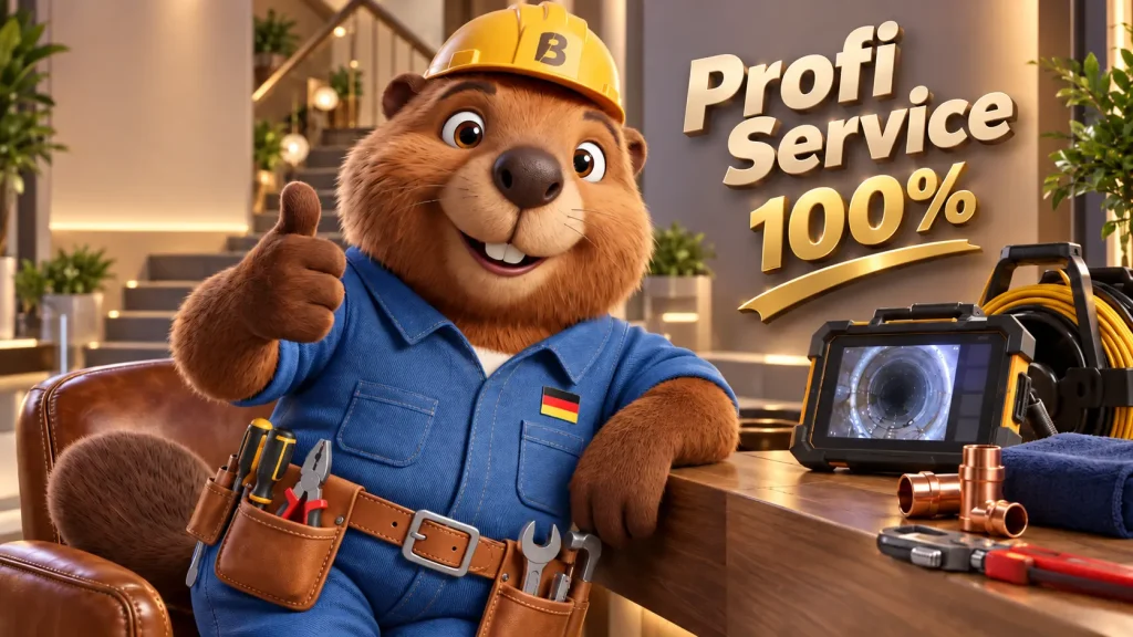 Bruno neben einer Rohrkamera und Inspektionstechnik in hochwertiger Umgebung.