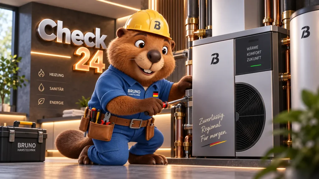 Bruno der Biber kniet vor einer modernen Heizungsanlage und prüft sie mit Werkzeug in einem stilvollen Technikraum.