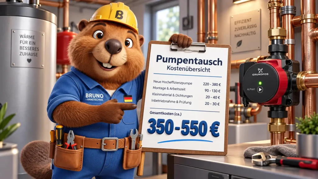 Bruno der Biber zeigt die Kosten für den Pumpentausch von 350 bis 550 Euro in einem modernen Heizungsraum.