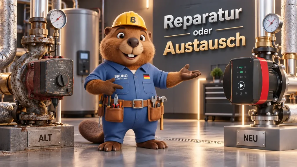Bruno der Biber vergleicht in einem modernen Heizungsraum Reparatur und Austausch einer Heizungspumpe.