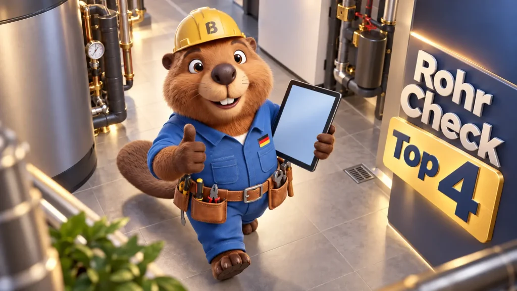 Bruno mit Tablet bei einer Rohrinspektion in einem modernen Technikraum.
