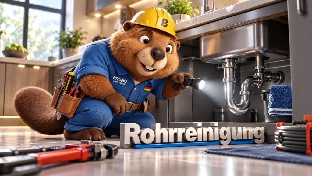 Biber Bruno kontrolliert die Abflussleitung unter einer Küchenspüle und prüft die Ursache einer Rohrverstopfung.