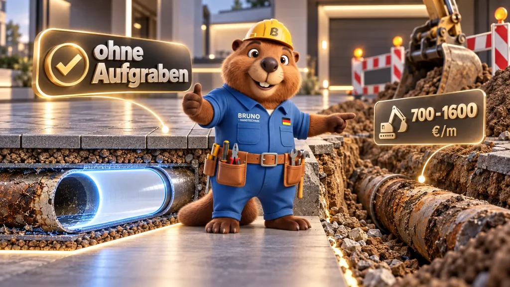 Bruno der Biber vergleicht eine Rohrsanierung ohne Aufgraben mit einer offenen Kanalsanierung und zeigt die unterschiedlichen Kosten.