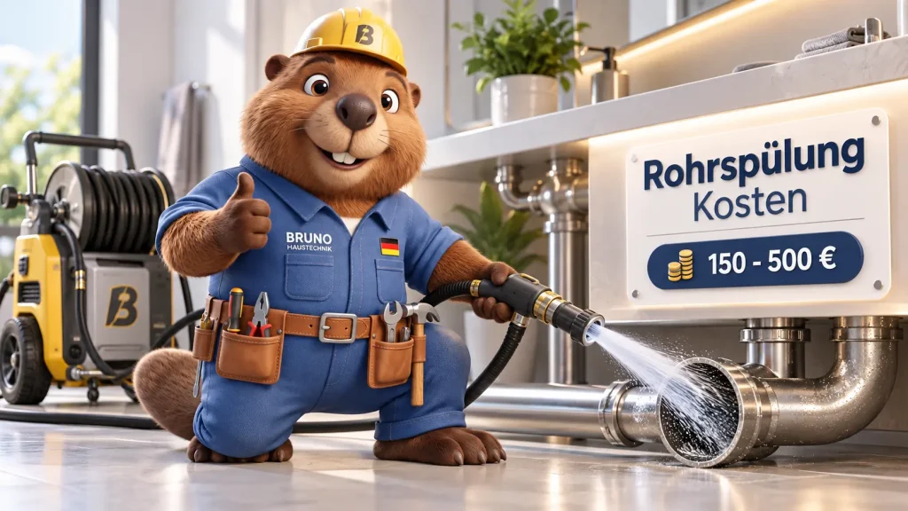 Bruno der Biber führt eine Hochdruck-Rohrspülung durch und zeigt die typischen Kosten einer professionellen Rohrreinigung.