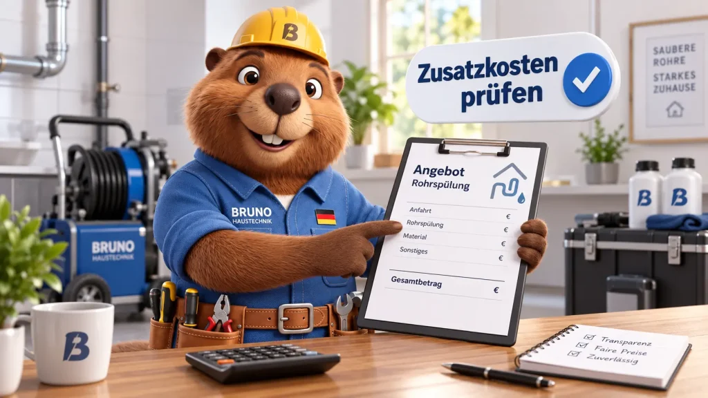 Bruno der Biber prüft ein Angebot für eine Rohrspülung und erklärt mögliche Zusatzkosten der Rohrreinigung.