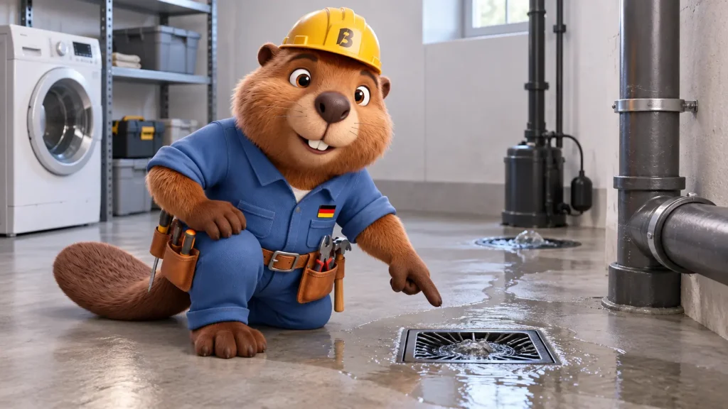 Bruno der Biber zeigt auf einen Bodenablauf mit Rückstau und austretendem Abwasser im Keller.
