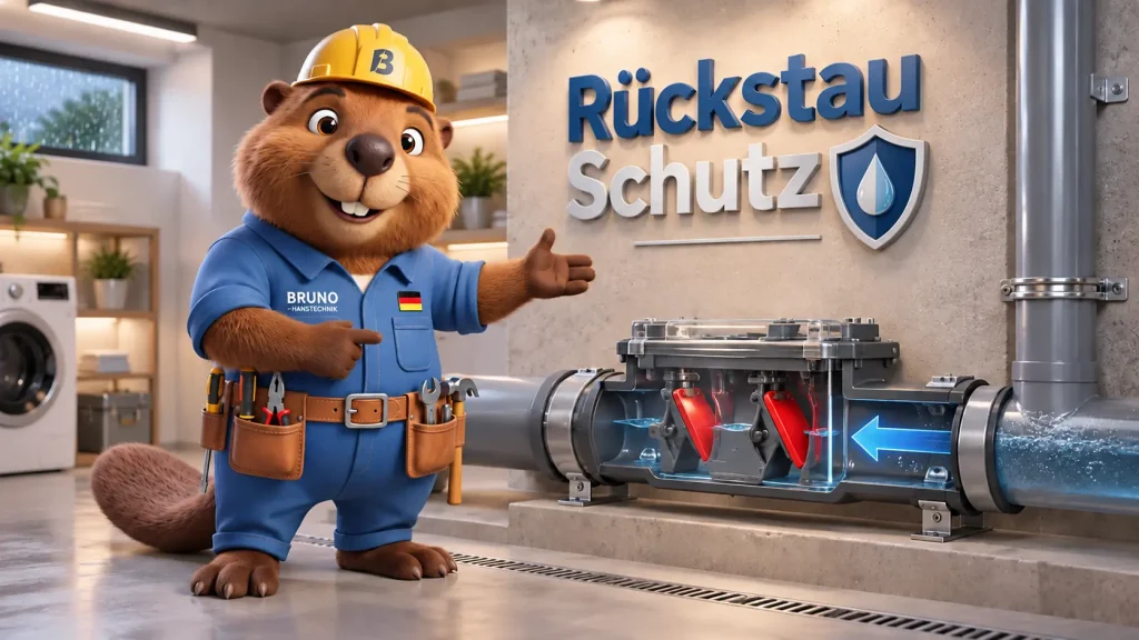 Bruno der Biber erklärt den Rückstauschutz mit einer Rückstauklappe in einer Abwasserleitung im Keller.