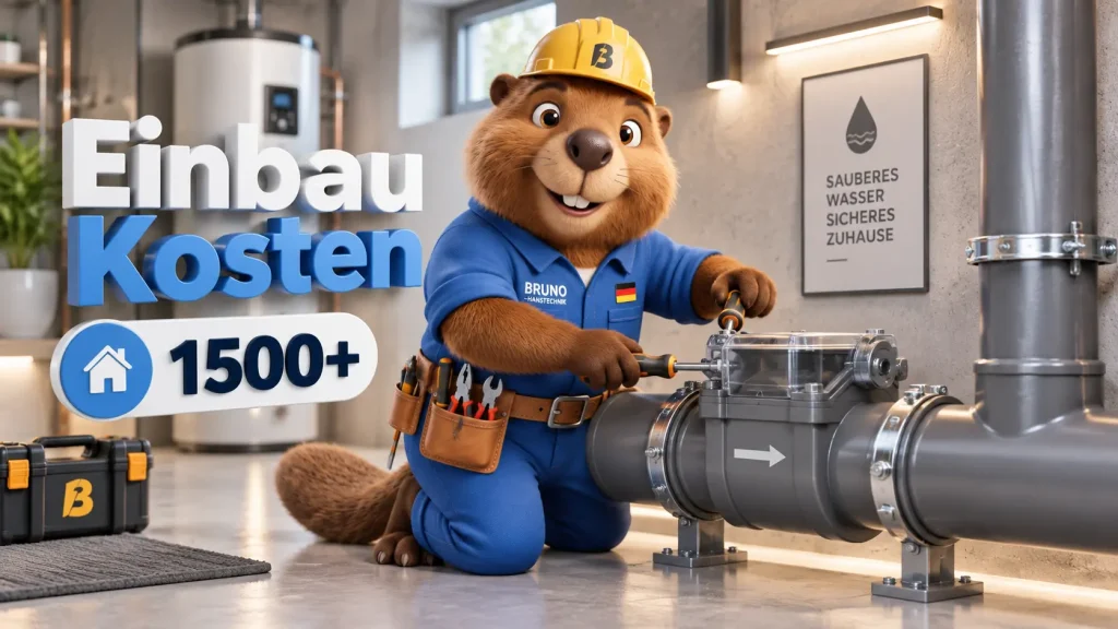 Bruno der Biber montiert eine Rückstauklappe an einer Abwasserleitung und erklärt die Kosten für den nachträglichen Einbau.