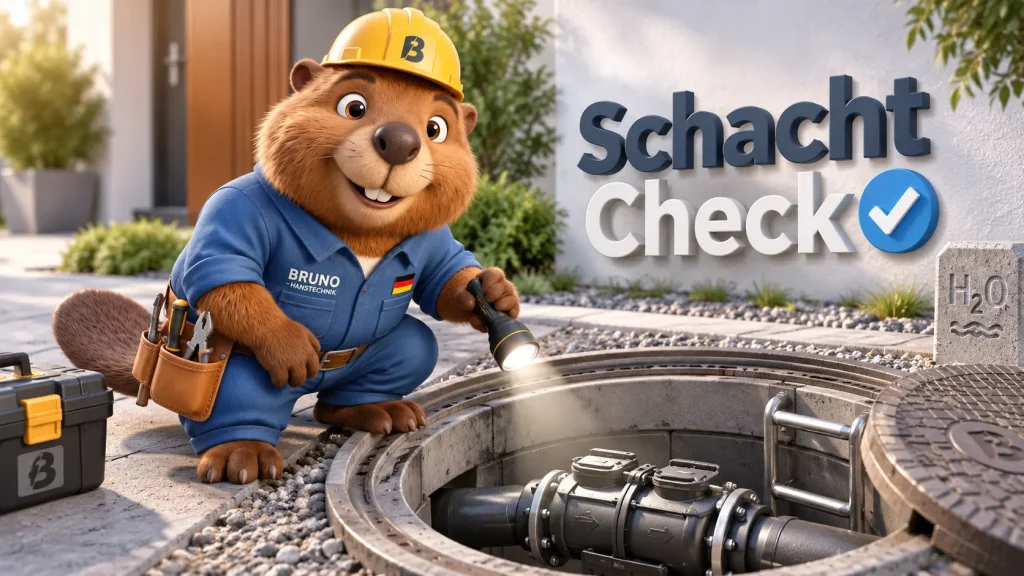 Bruno der Biber kontrolliert eine Rückstauklappe in einem Revisionsschacht außerhalb des Gebäudes.