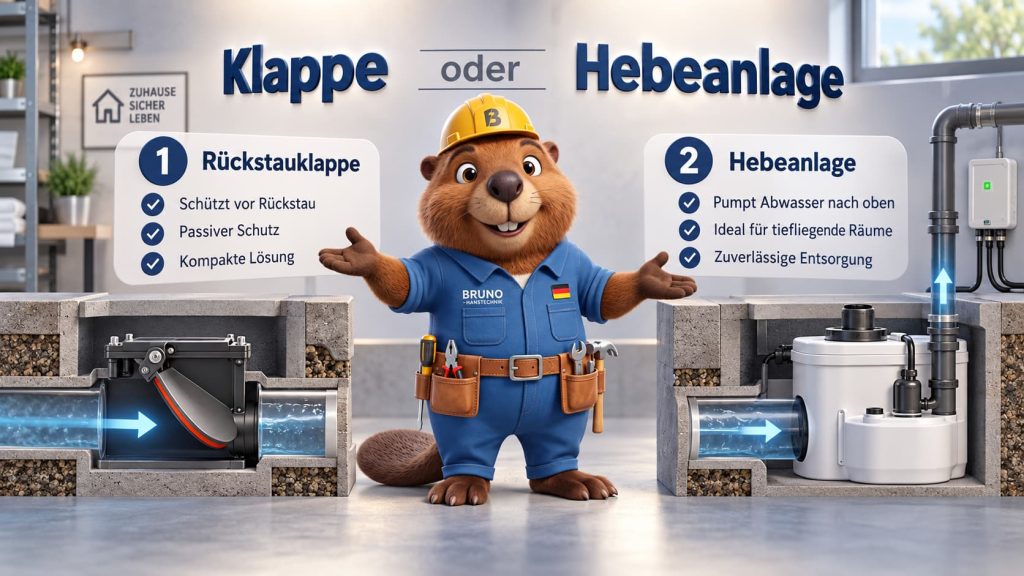 Bruno der Biber vergleicht eine Rückstauklappe mit einer Hebeanlage und zeigt die Unterschiede beim Rückstauschutz.