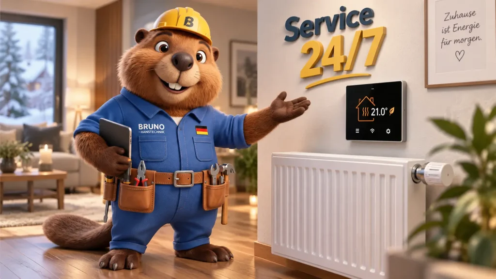Bruno der Biber präsentiert ein smartes Heizsystem mit digitalem Thermostat und Heizkörper in einem modernen Wohnraum.
