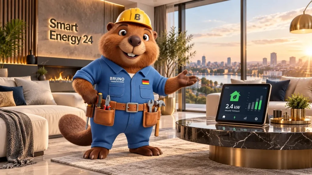 Bruno der Biber erklärt Photovoltaik in einem modernen Premium-Wohnzimmer mit Energieanzeige.