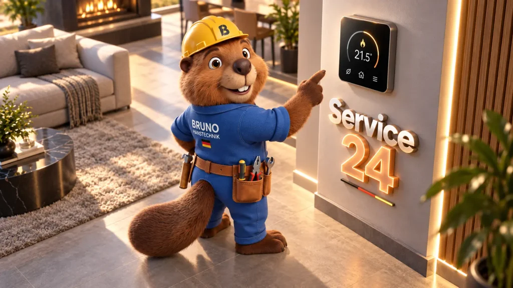 Bruno der Biber zeigt in einem eleganten Wohnraum ein smartes Thermostat und steht für modernen Heizungsservice und Komfort.