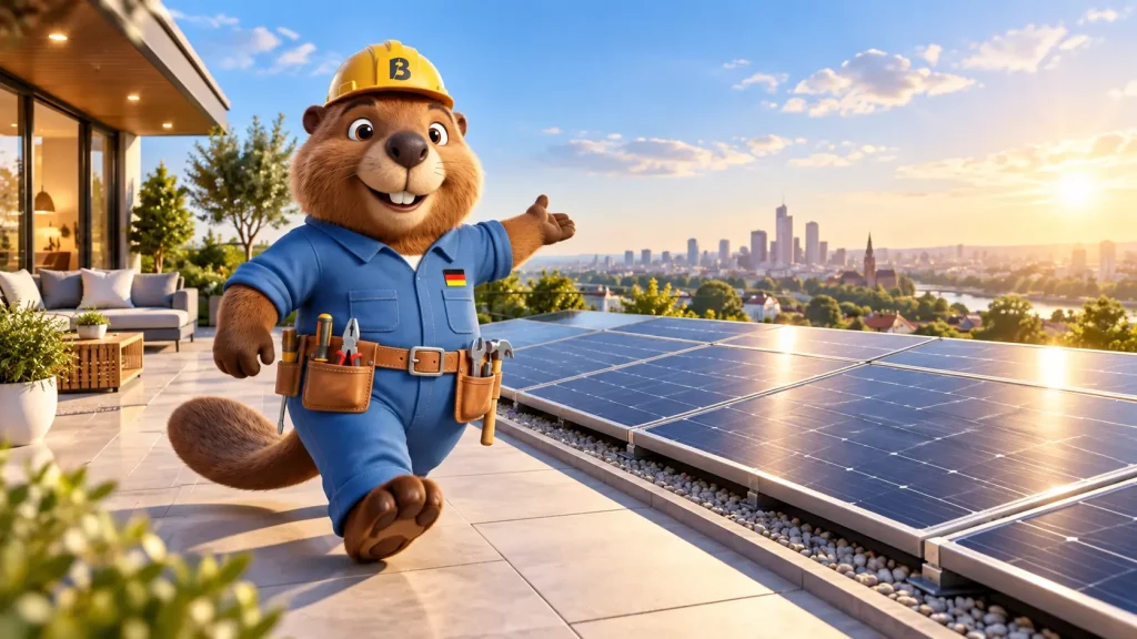 Bruno der Biber zeigt Solarmodule auf einer modernen Dachterrasse bei Sonnenuntergang.