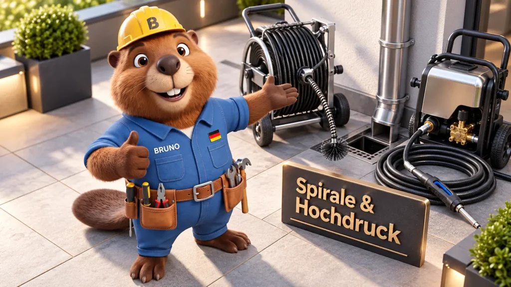Biber Bruno präsentiert professionelle Geräte für die Fallrohrreinigung mit Spirale und Hochdruck.