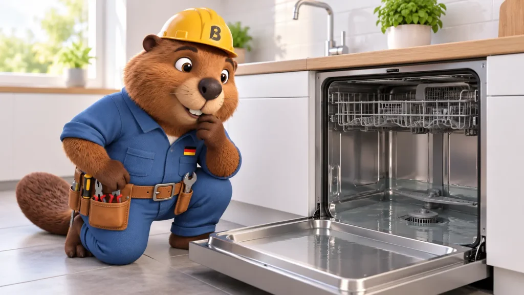 Bruno der Biber prüft eine Spülmaschine, in der das Wasser nicht abläuft.