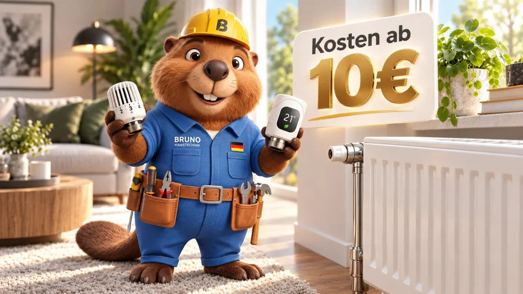 Bruno der Biber präsentiert klassische und smarte Thermostatköpfe mit einem Hinweis auf Kosten ab 10 Euro.