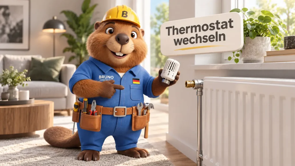 Bruno der Biber zeigt in einem modernen Wohnzimmer, wie man einen Thermostatkopf am Heizkörper wechselt.