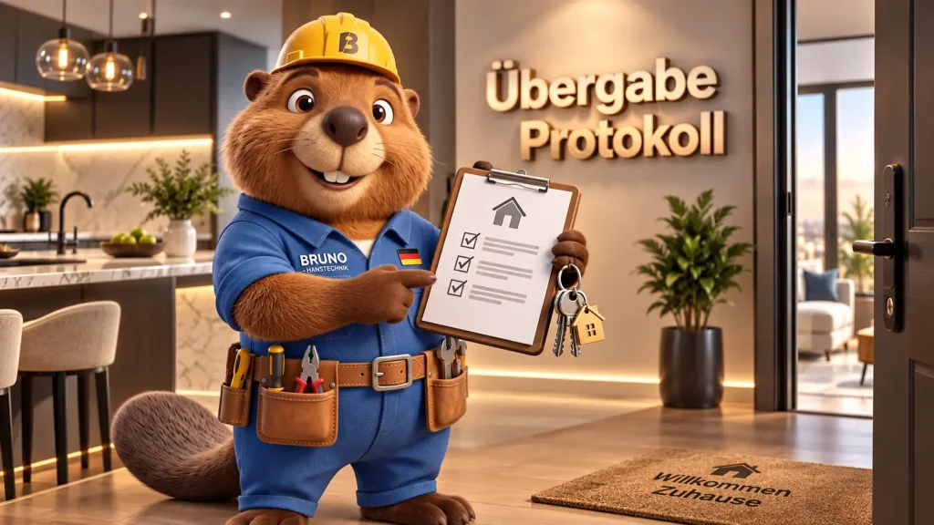 Biber Bruno zeigt bei der Wohnungsübergabe ein Übergabeprotokoll und hält die Wohnungsschlüssel in der Hand.