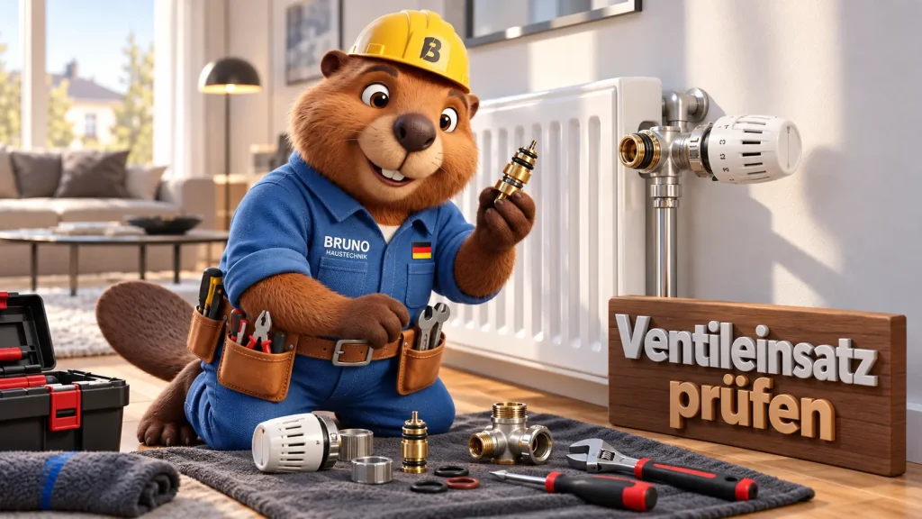 Bruno der Biber prüft einen Ventileinsatz und verschiedene Bauteile eines Heizkörperventils.