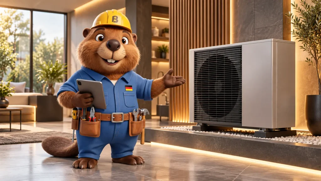 - Bruno zeigt eine moderne Wärmepumpe in einem hochwertigen Innenraum.
