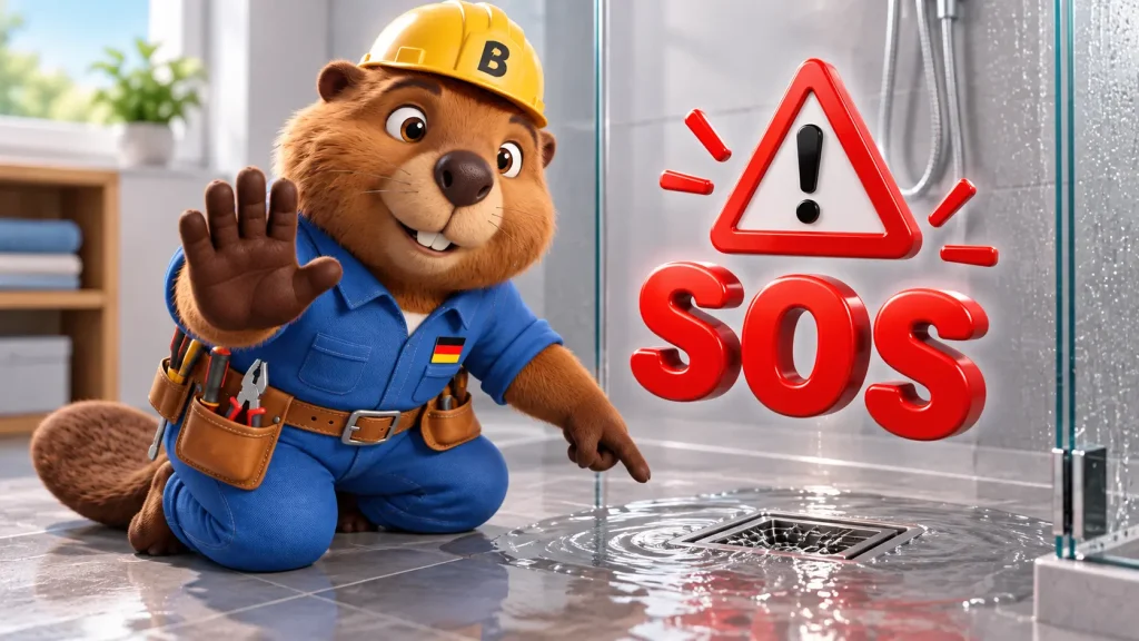 Bruno der Biber erklärt mit Pfeilen, wie eine WC-Spülung Gluckern im Waschbecken auslösen kann.