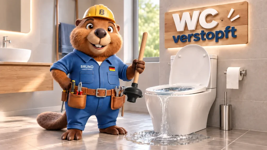 Bruno der Biber steht mit einem Pömpel neben einer verstopften Toilette in einem modernen Badezimmer.